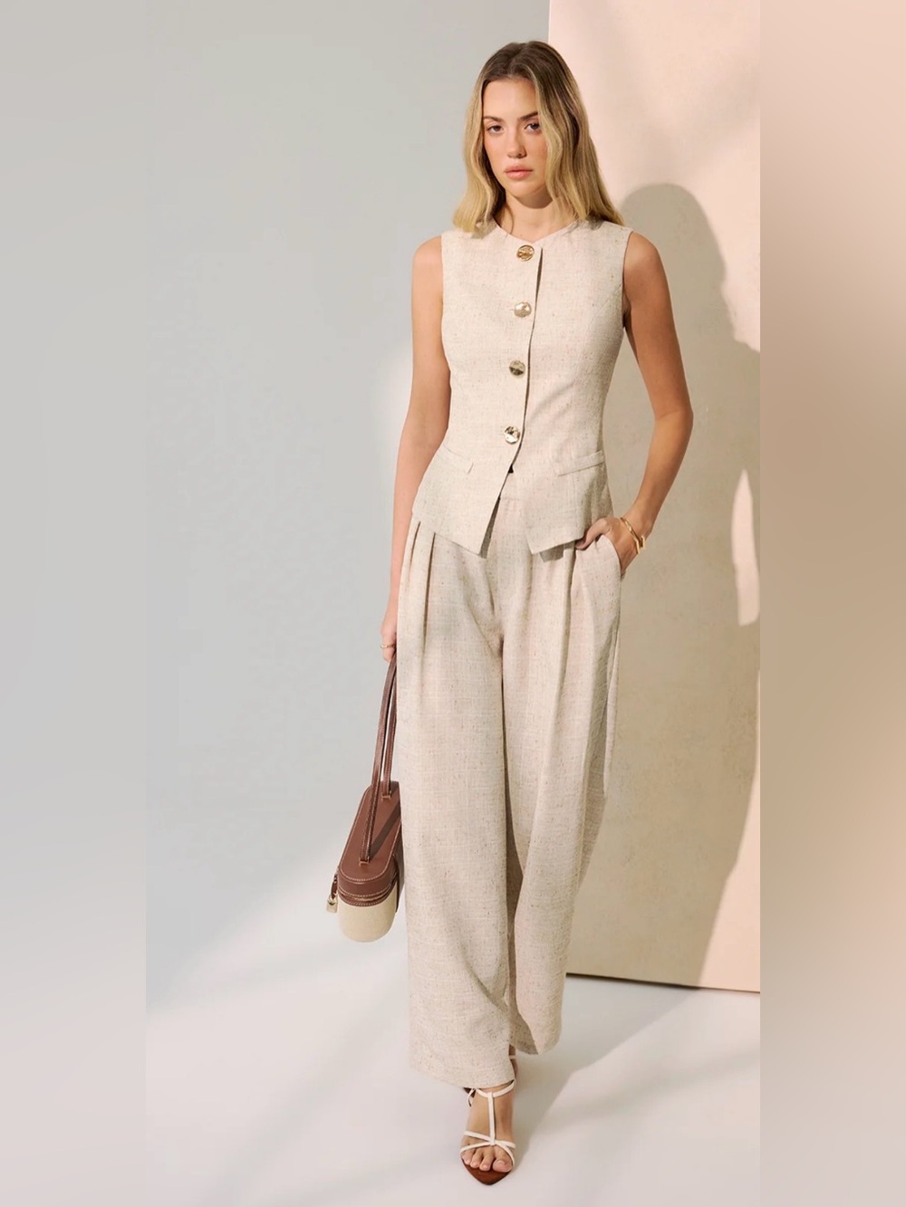 NWT Commense Metal Button Vest & Wide-Leg Pants Set